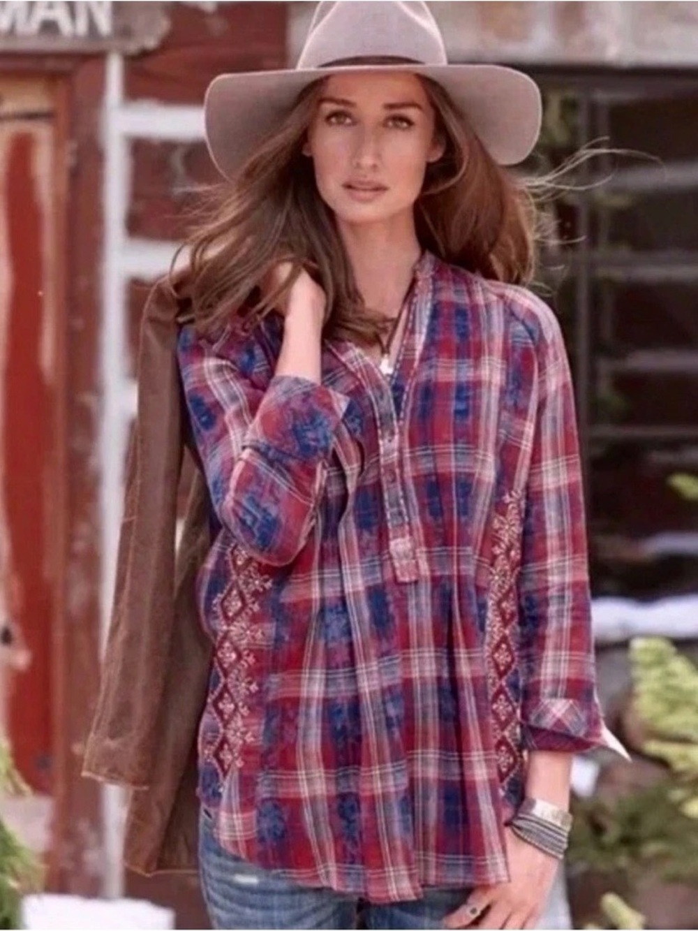 Sundance Plaid Peasant Blouse - Red & Blue Size XS
